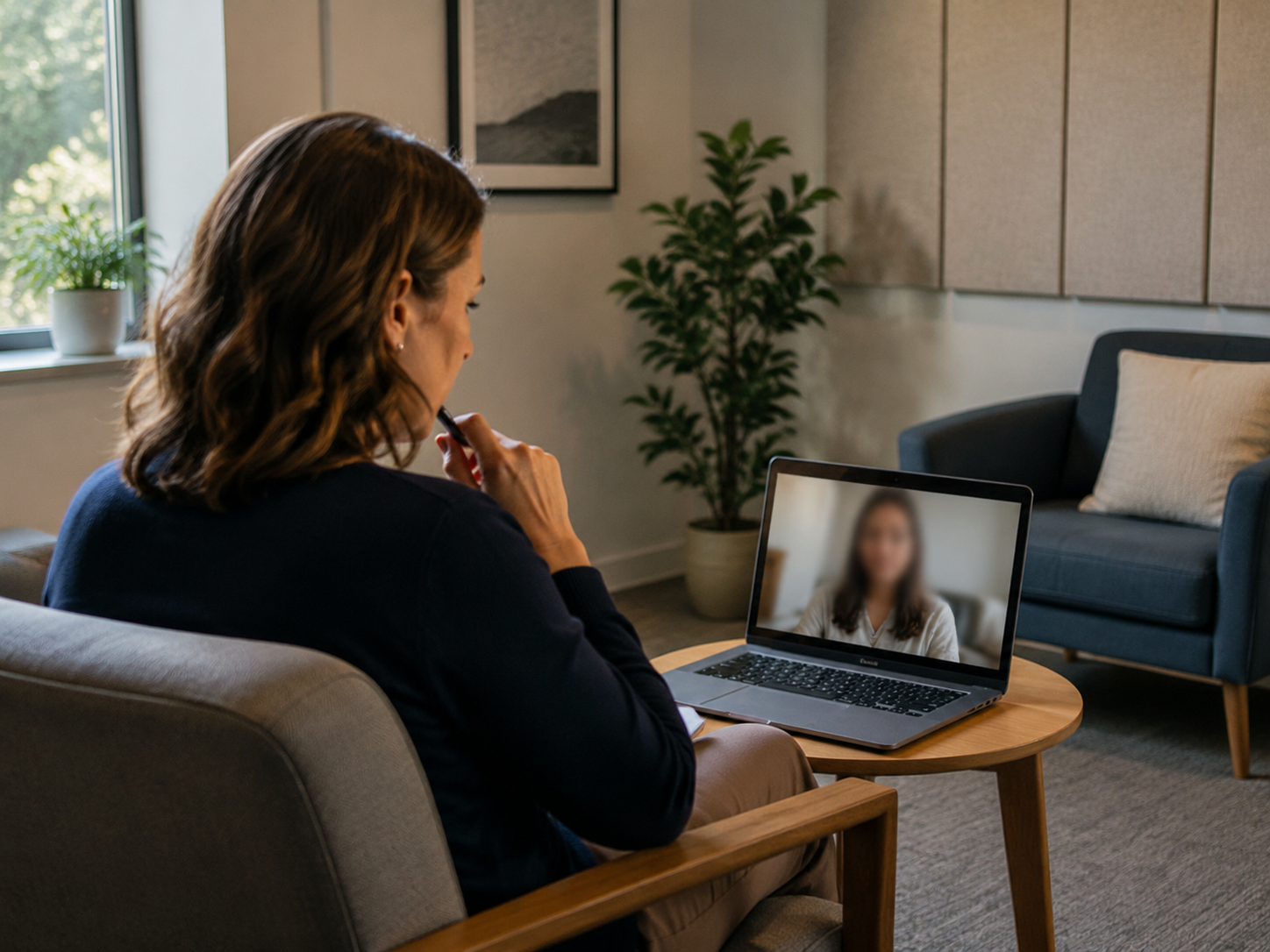 A calm virtual care room set up for a remote psychotherapy session